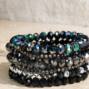 Black Mix 9PC NEW Glass Faceted Beaded Stretch Boho Bracelet SET